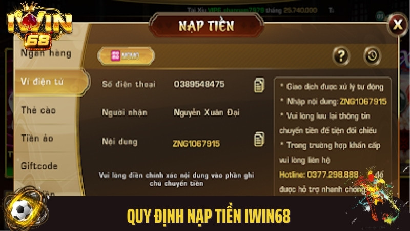 Quy định nạp tiền Iwin68